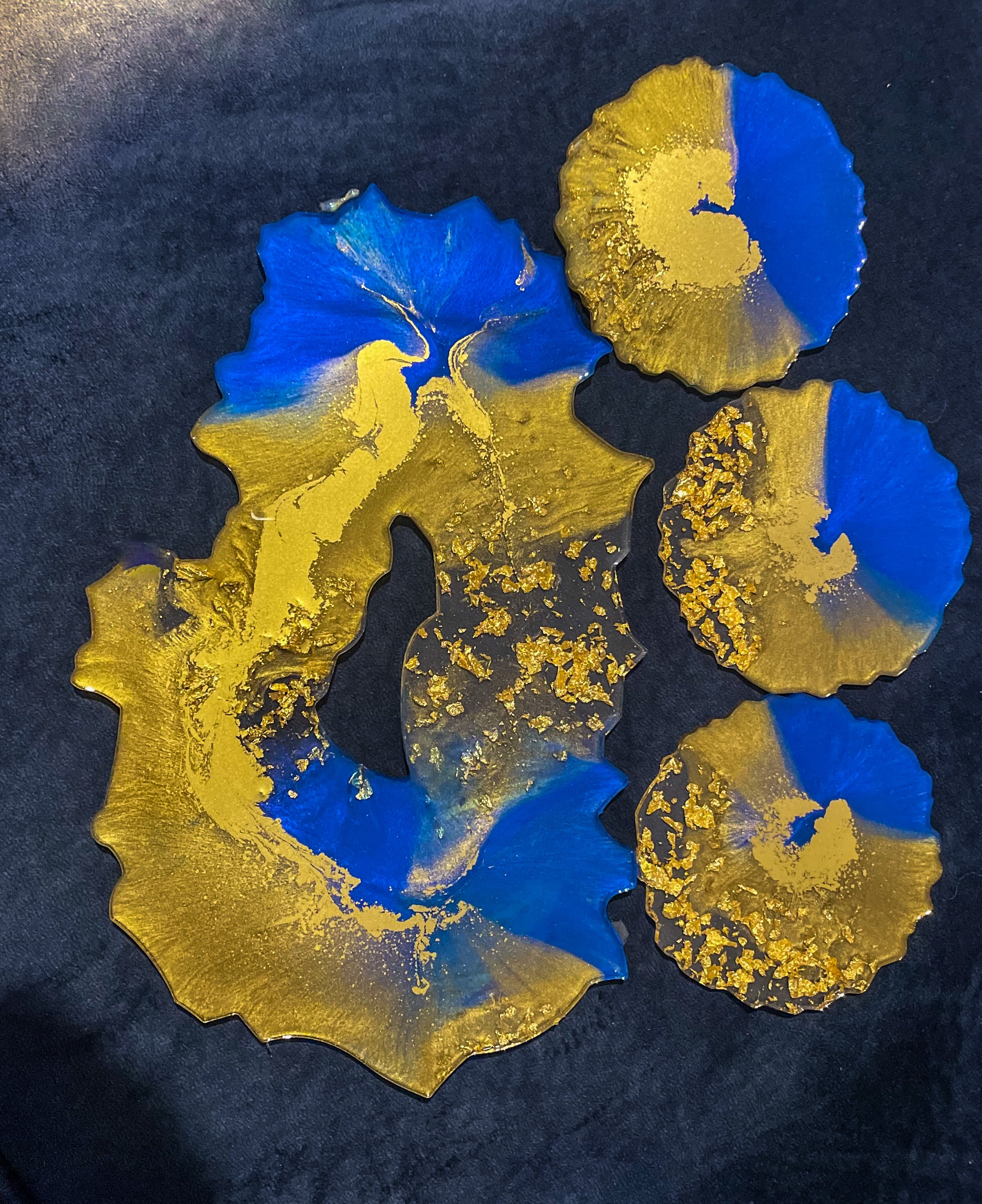Blue & Gold Resin Coaster & Tray Set 